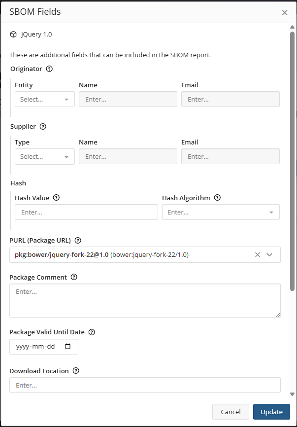 SBOM Fields dialog box